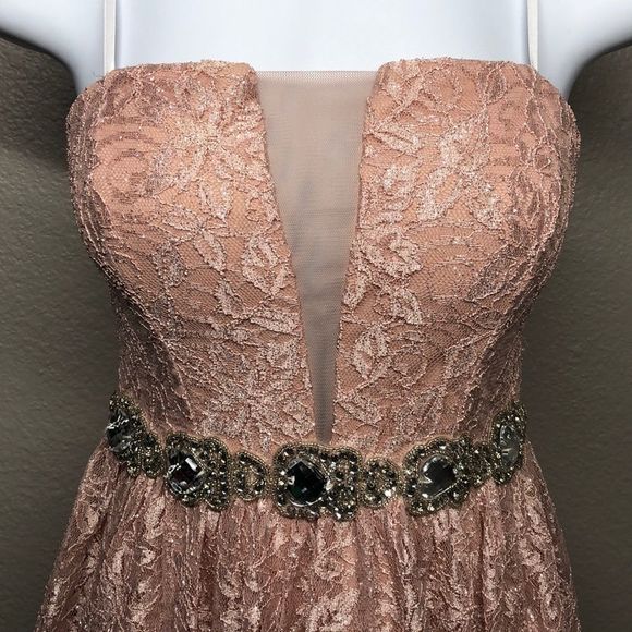 Blush Pink Lace Dress with Rhinestone Waist Dress - Picture 2 of 8